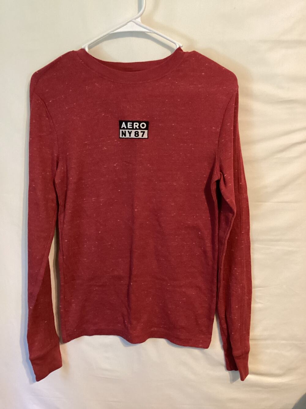 2091 Aeropostale Long Sleeve Aero Box Logo Stretch Graphic Tee Maroon Size XS